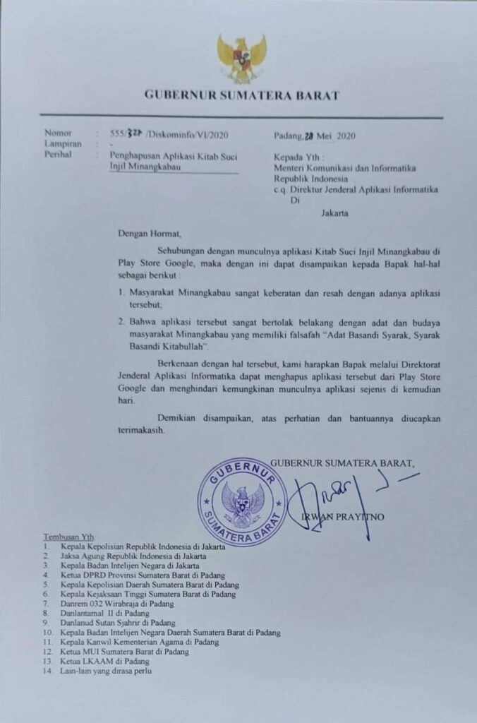 Disurati Gubernur Sumbar, Injil Berbahasa Minang Hilang di Play Store